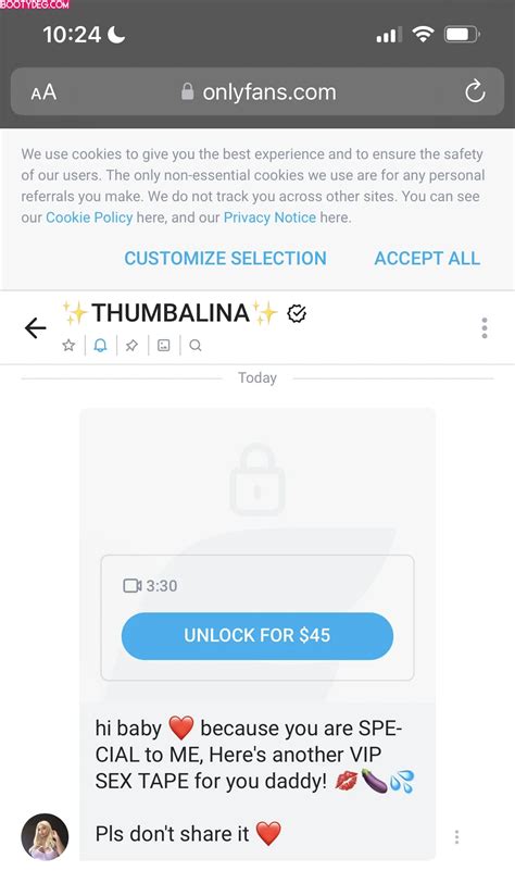 Thumbalinaxxx onlyfans - OnlyFans is the social platform revolutionizing creator and fan connections. The site is inclusive of artists and content creators from all genres and allows them to monetize their content while developing authentic relationships with their fanbase. Just a moment... We'll try your destination again in 15 seconds ...